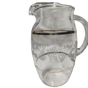 Mid Century Etched Glass Water Pitcher Gold Band Fruit Design